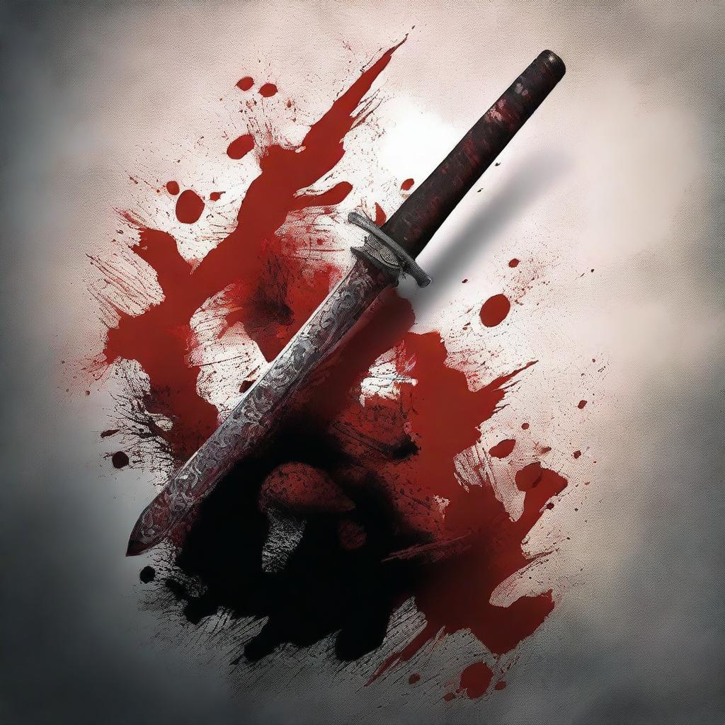 Create a dark fantasy book cover featuring a katana and blood