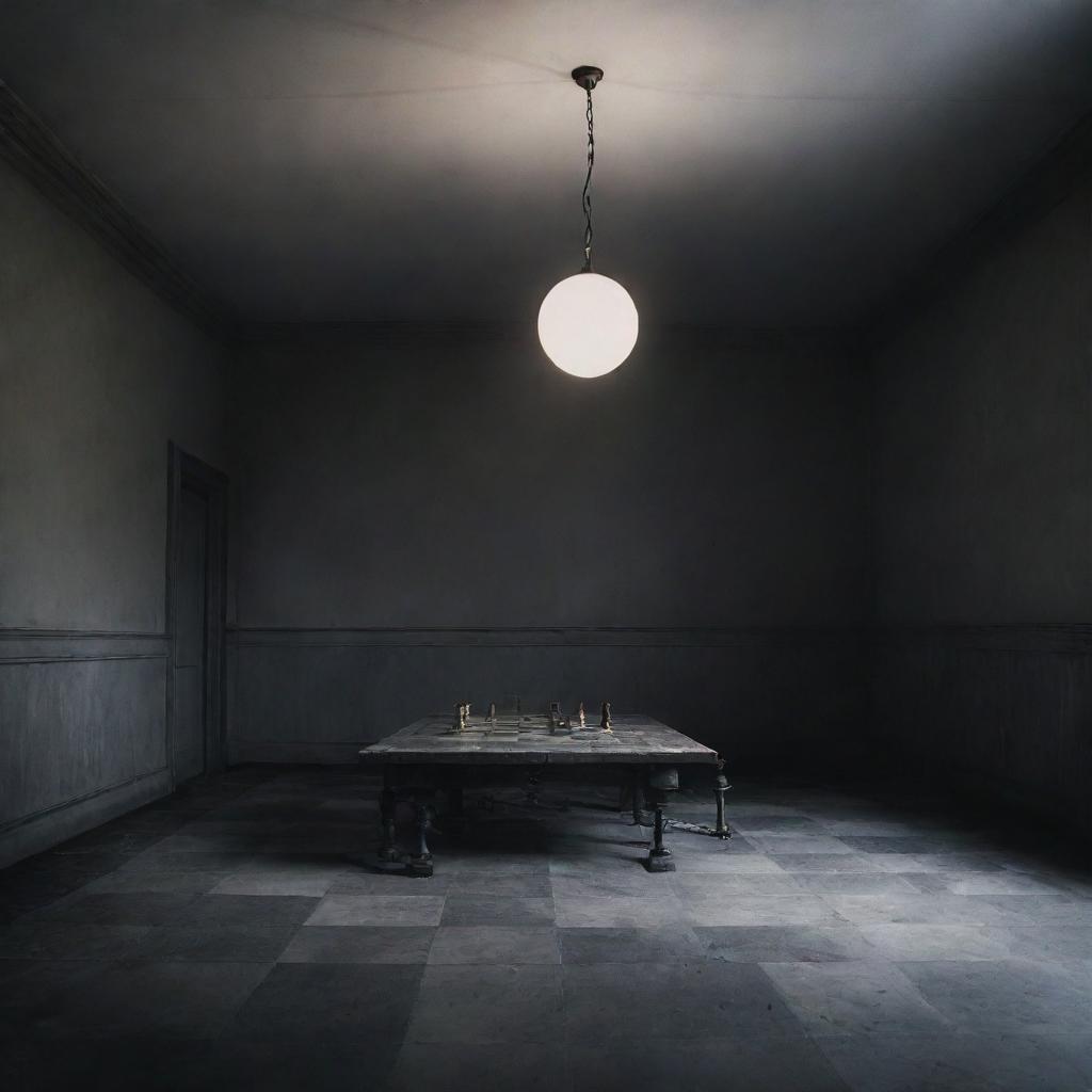 A minimal yet detailed room, bathed in grim and mysterious lighting. In the center, a chessboard displays a miserable checkmate, the king piece shattered.