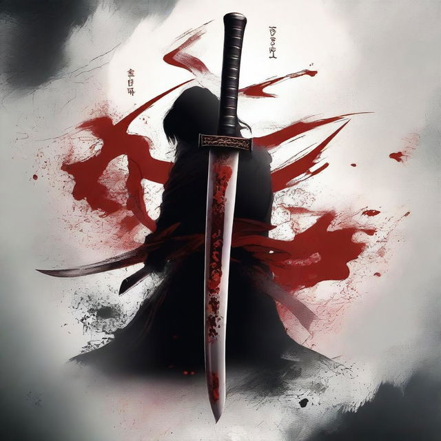 Create a dark fantasy book cover featuring a katana and blood