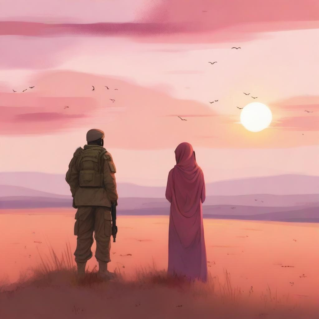 A Muslim woman and a soldier standing in a vast field, enjoying the beauty of the sunset