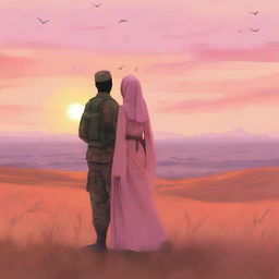 A Muslim woman and a soldier standing in a vast field, enjoying the beauty of the sunset