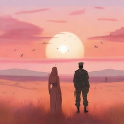 A Muslim woman and a soldier standing in a vast field, enjoying the beauty of the sunset