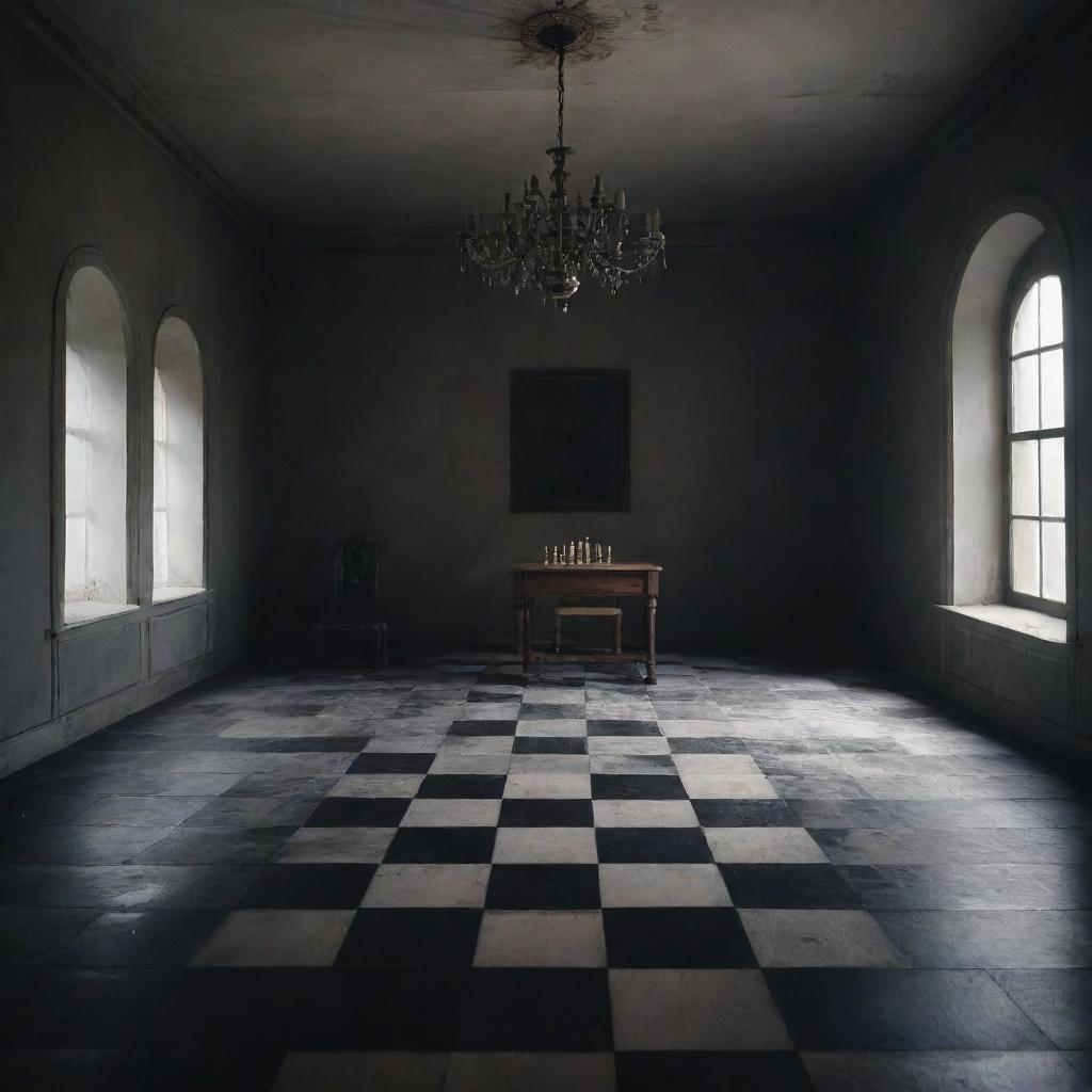 A minimal yet detailed room, bathed in grim and mysterious lighting. In the center, a chessboard displays a miserable checkmate, the king piece shattered.