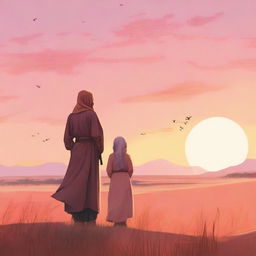 A Muslim woman and a soldier standing in a vast field, enjoying the beauty of the sunset