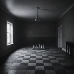 A minimal yet detailed room, bathed in grim and mysterious lighting. In the center, a chessboard displays a miserable checkmate, the king piece shattered.