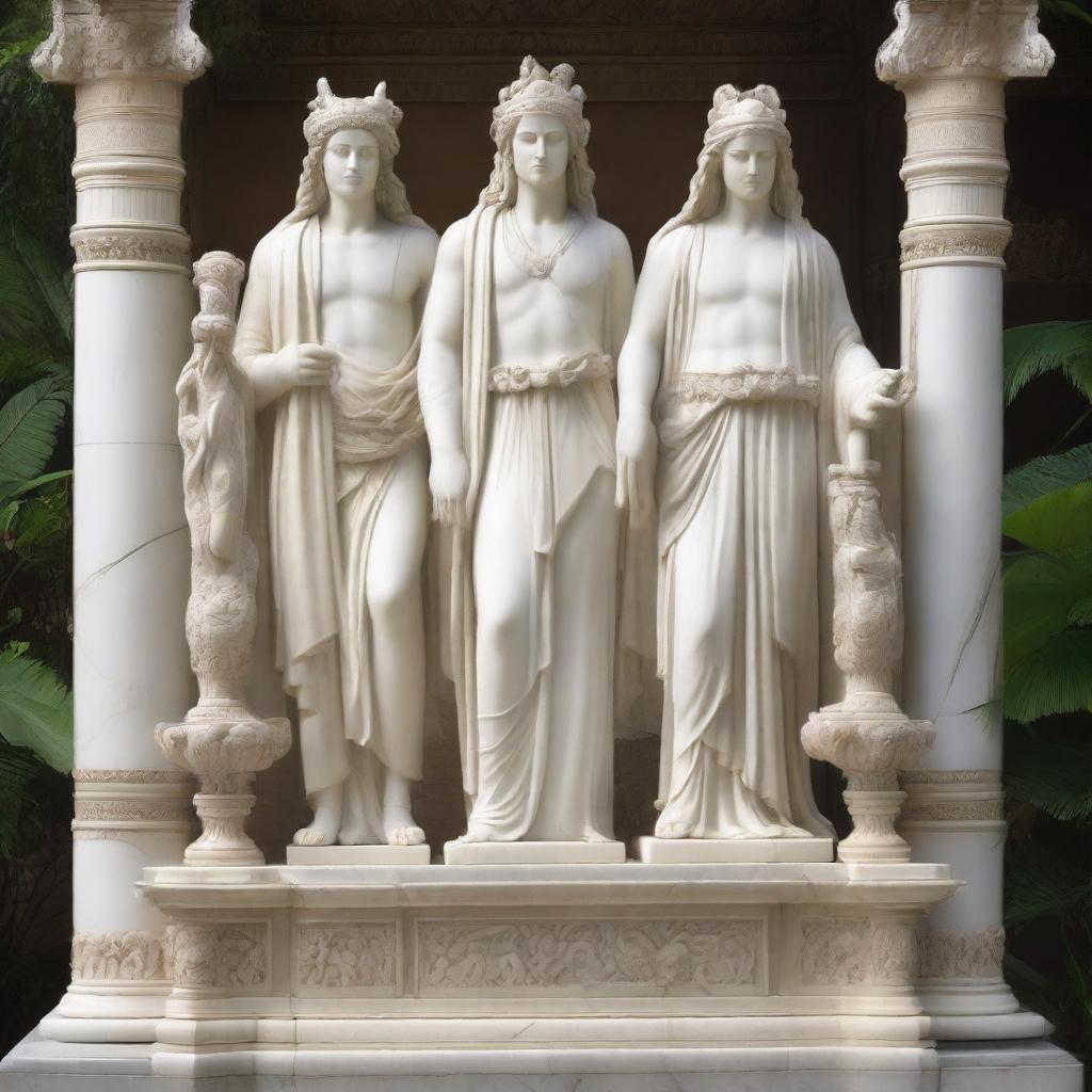 A majestic statue depicting ancient white-robed gods standing tall and proud