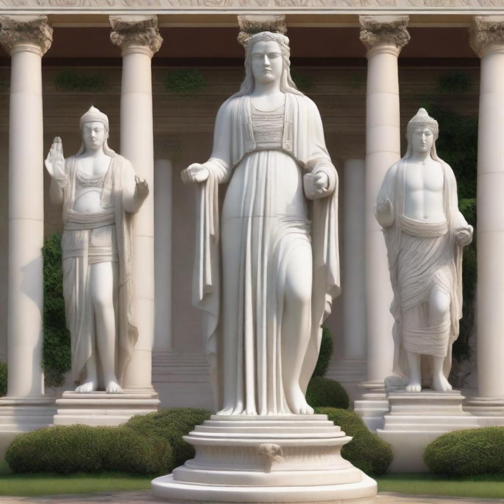 A majestic statue depicting ancient white-robed gods standing tall and proud