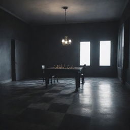 A minimal yet detailed room, bathed in grim and mysterious lighting. In the center, a chessboard displays a miserable checkmate, the king piece shattered.