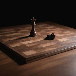 A detailed, minimally styled chess board under mysteriously grim lighting. A single shattered piece lies in the center of the board as a result of a devastating checkmate.