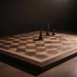 A detailed, minimally styled chess board under mysteriously grim lighting. A single shattered piece lies in the center of the board as a result of a devastating checkmate.