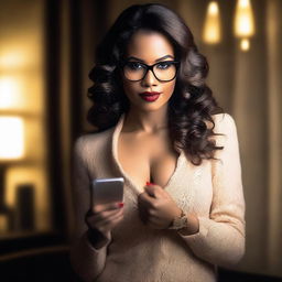 A woman wearing glasses and holding up her cell phone in a sultry, seductive pose