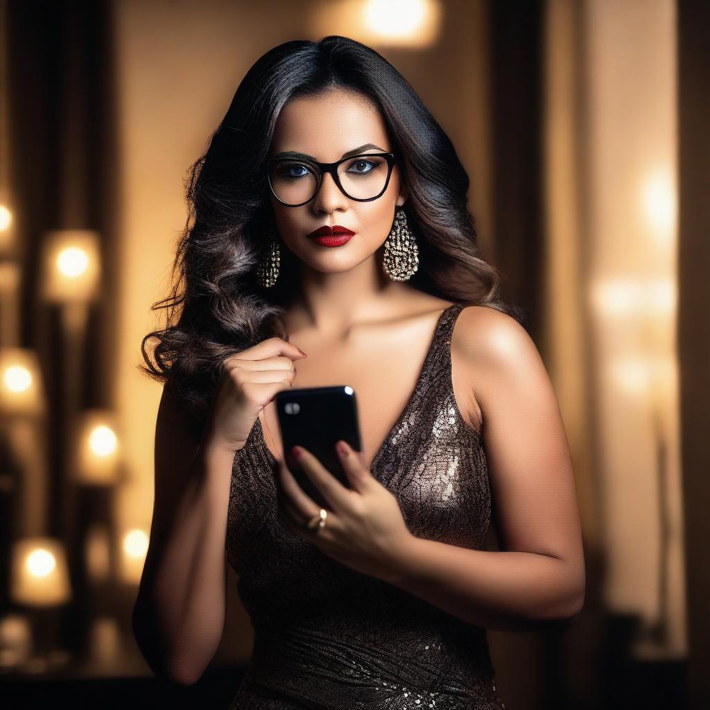 A woman wearing glasses and holding up her cell phone in a sultry, seductive pose