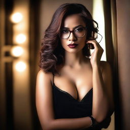 A woman wearing glasses and holding up her cell phone in a sultry, seductive pose