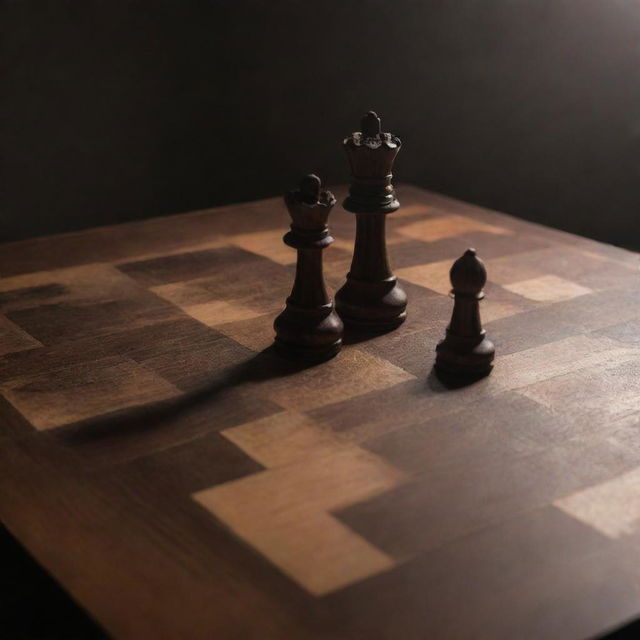 A detailed, minimally styled chess board under mysteriously grim lighting. A single shattered piece lies in the center of the board as a result of a devastating checkmate.