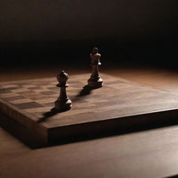 A detailed, minimally styled chess board under mysteriously grim lighting. A single shattered piece lies in the center of the board as a result of a devastating checkmate.