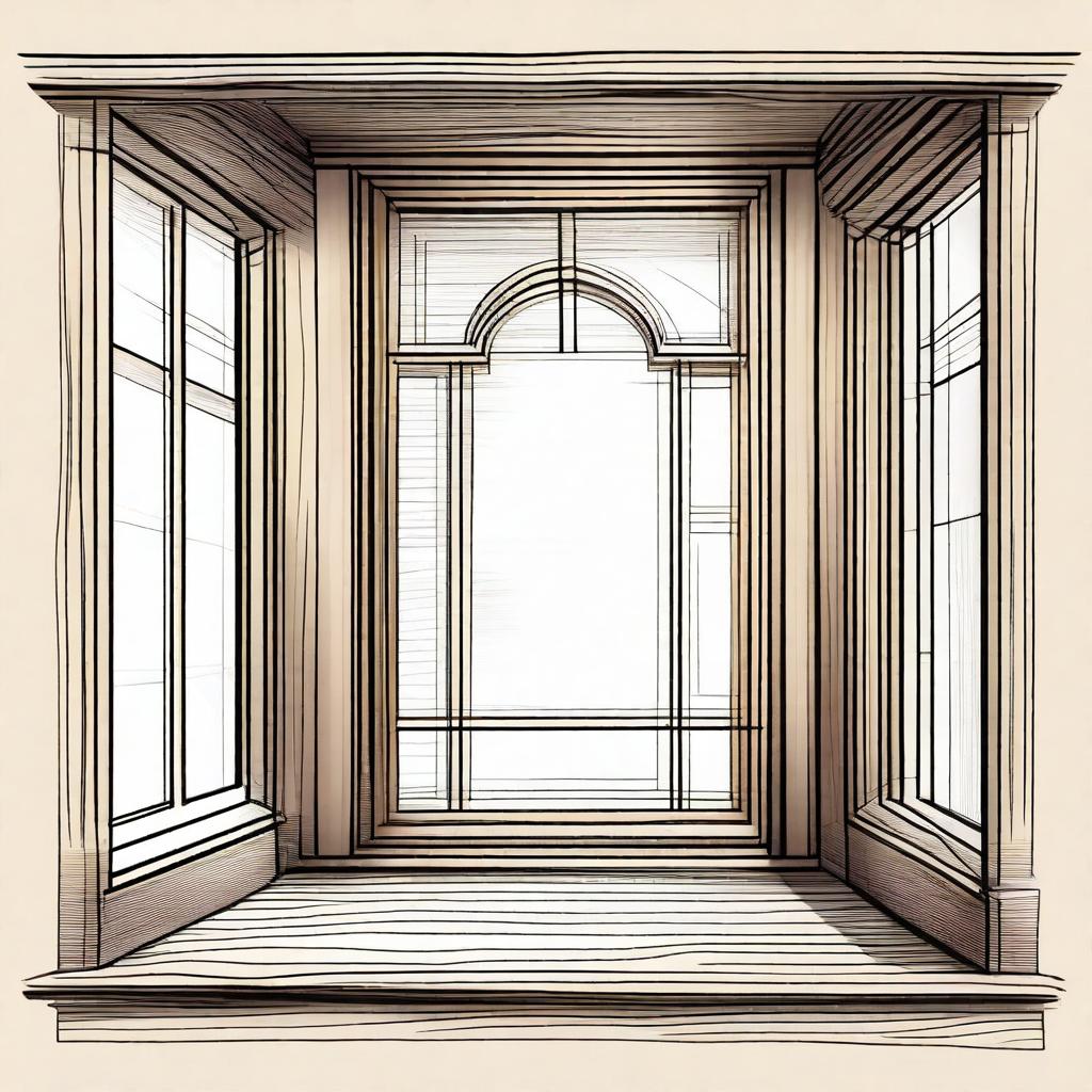 A detailed sketch of a wooden window, showcasing intricate wood grain patterns and classic design elements