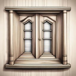A detailed sketch of a wooden window, showcasing intricate wood grain patterns and classic design elements