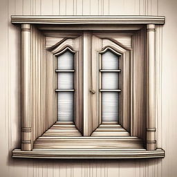 A detailed sketch of a wooden window, showcasing intricate wood grain patterns and classic design elements