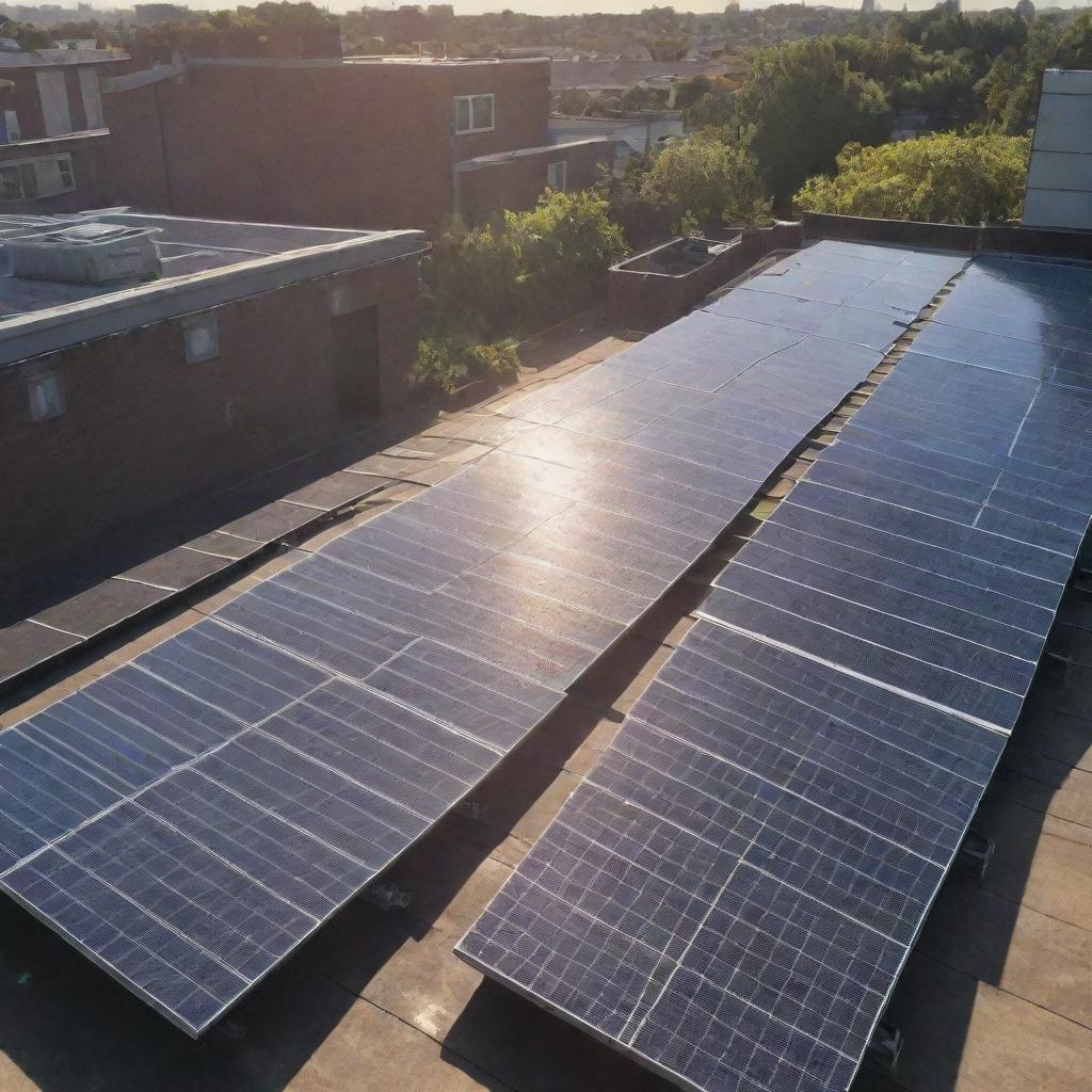 A rooftop covered in energy-efficient solar panels, gleaming under the vibrant rays of the sun.