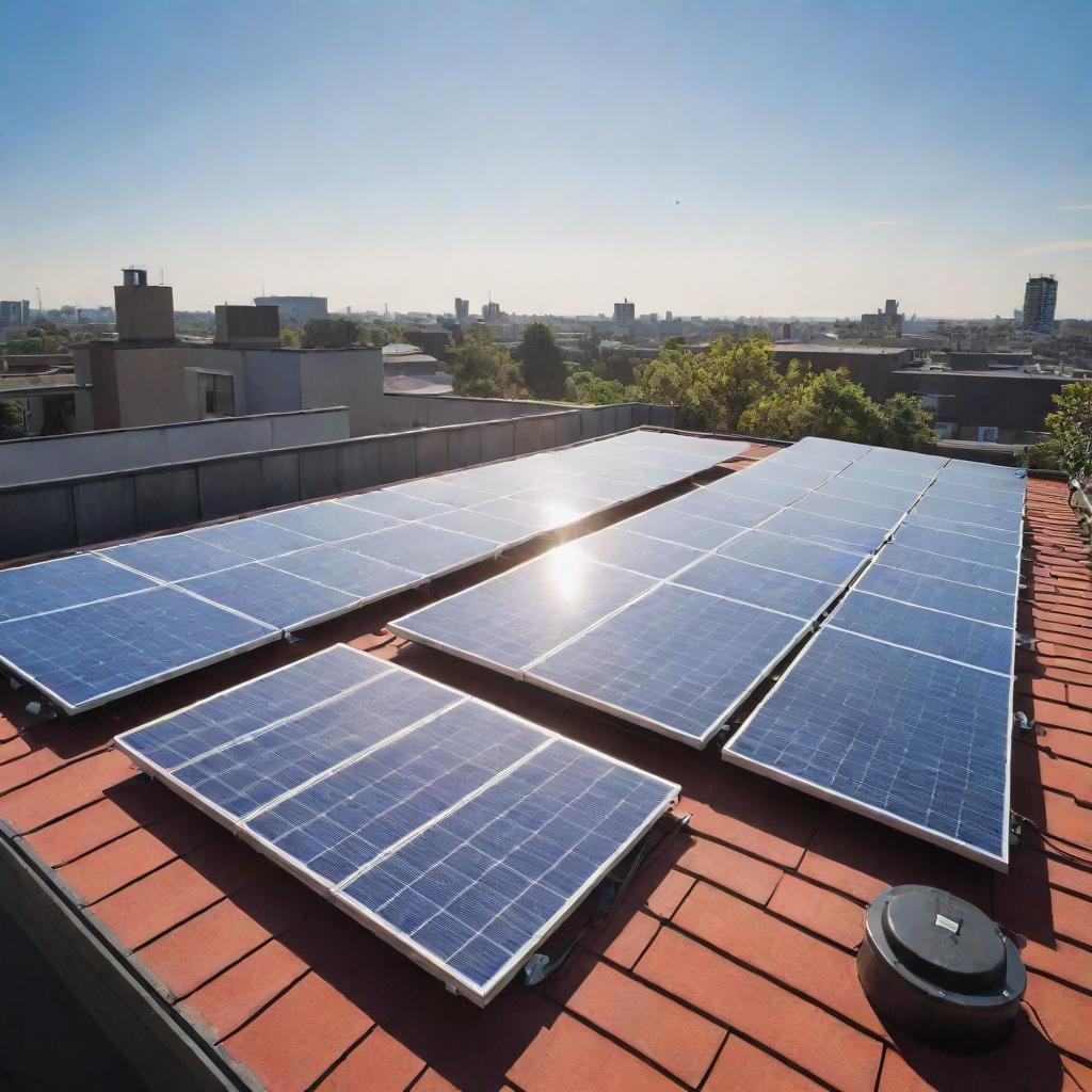 A rooftop covered in energy-efficient solar panels, gleaming under the vibrant rays of the sun.