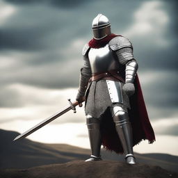 A powerful and strong knight soldier standing tall in shining armor, holding a large sword