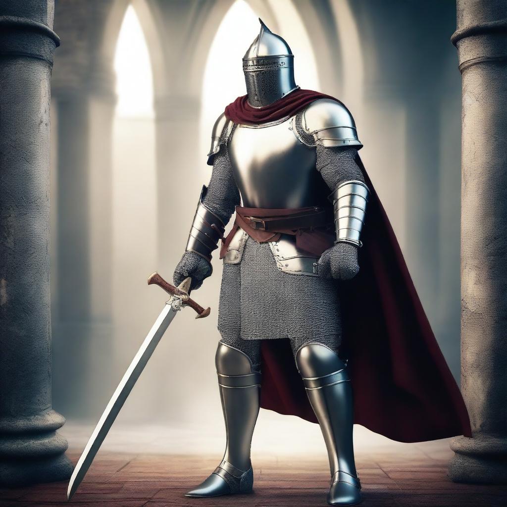 A powerful and strong knight soldier standing tall in shining armor, holding a large sword