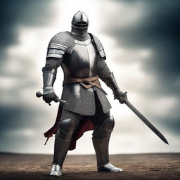 A powerful and strong knight soldier standing tall in shining armor, holding a large sword