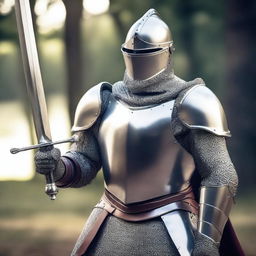 A powerful and strong knight soldier standing tall in shining armor, holding a large sword