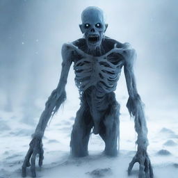 A chilling scene featuring an ice zombie standing in a snowy landscape, with frost covering its body and eerie blue eyes glowing