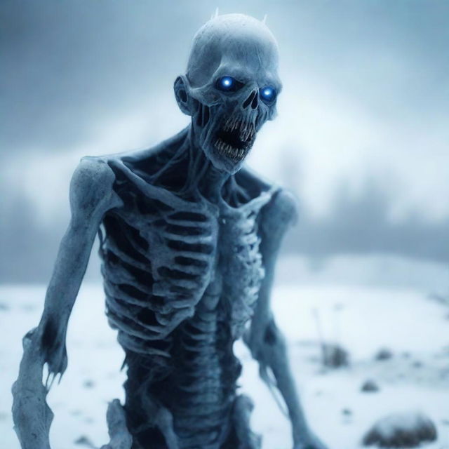 A chilling scene featuring an ice zombie standing in a snowy landscape, with frost covering its body and eerie blue eyes glowing