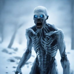 A chilling scene featuring an ice zombie standing in a snowy landscape, with frost covering its body and eerie blue eyes glowing