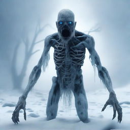 A chilling scene featuring an ice zombie standing in a snowy landscape, with frost covering its body and eerie blue eyes glowing