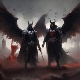 Two lords with wings are standing amidst a battlefield, looking at each other angrily