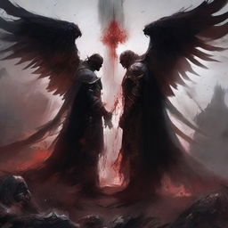 Two lords with wings are standing amidst a battlefield, looking at each other angrily