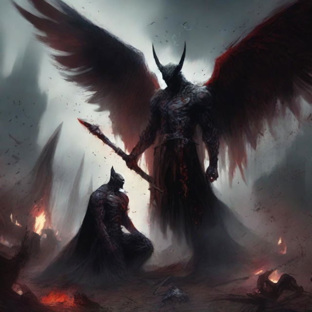 Two lords with wings are standing amidst a battlefield, looking at each other angrily