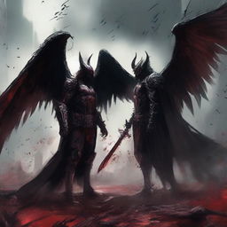 Two lords with wings are standing amidst a battlefield, looking at each other angrily