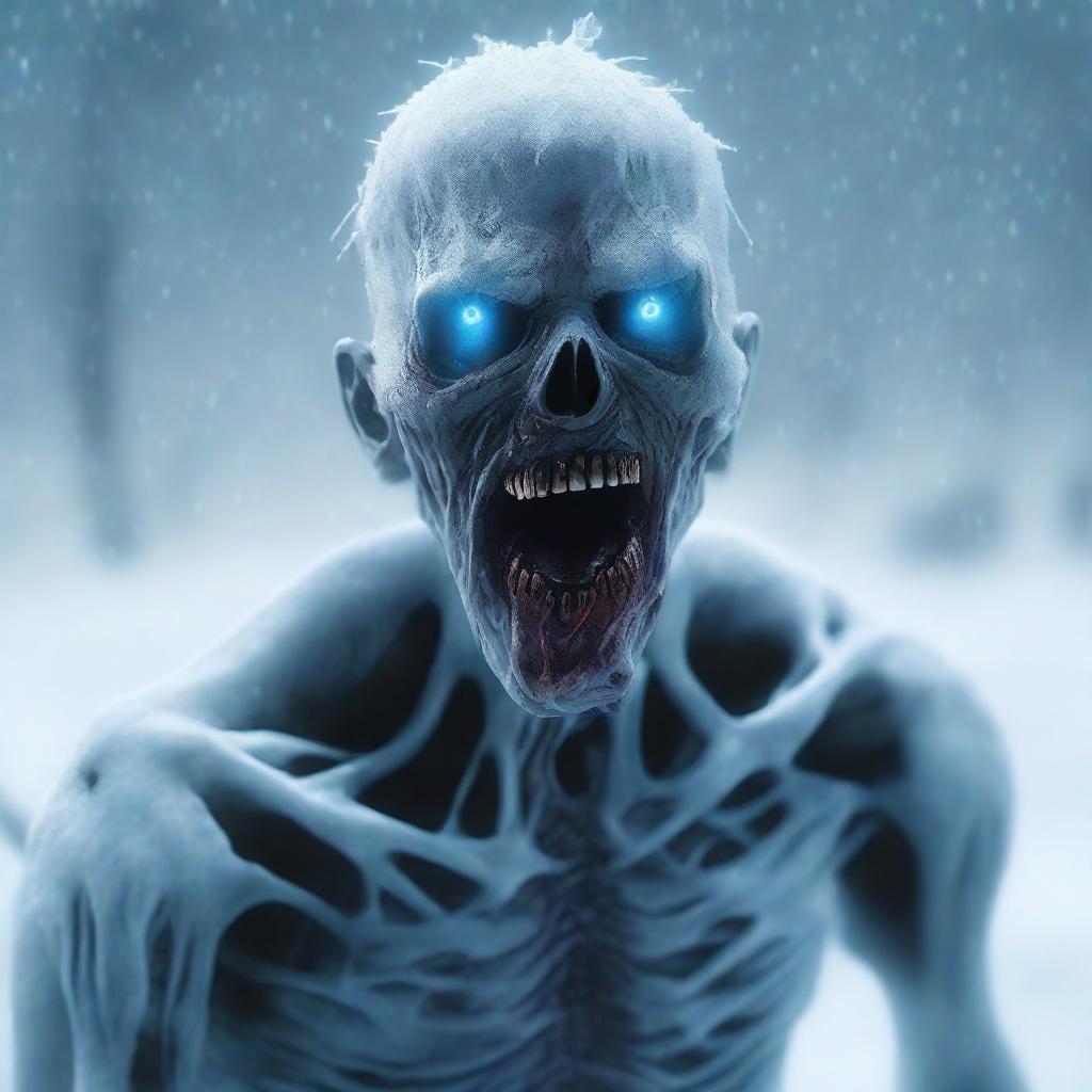 A chilling scene featuring an ice zombie in a snowy landscape, with frost covering its body and eerie blue eyes glowing