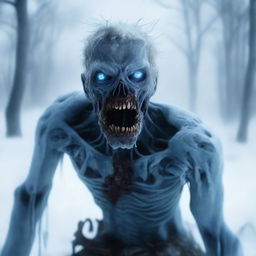 A chilling scene featuring an ice zombie in a snowy landscape, with frost covering its body and eerie blue eyes glowing