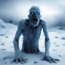 A chilling scene featuring an ice zombie in a snowy landscape, with frost covering its body and eerie blue eyes glowing