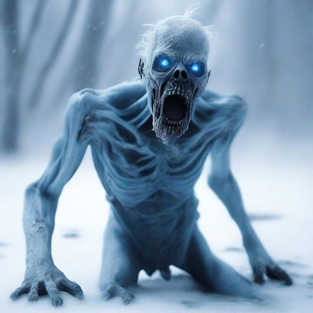 A chilling scene featuring an ice zombie in a snowy landscape, with frost covering its body and eerie blue eyes glowing