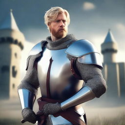 A knight soldier with blonde short hair and a beard, dressed in shining armor