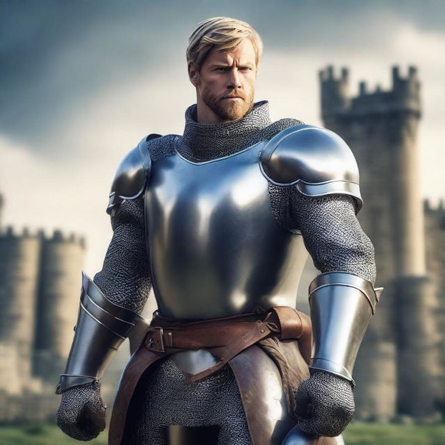 A knight soldier with blonde short hair and a beard, dressed in shining armor