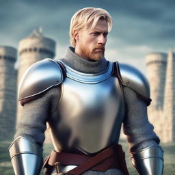 A knight soldier with blonde short hair and a beard, dressed in shining armor