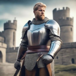 A knight soldier with blonde short hair and a beard, dressed in shining armor