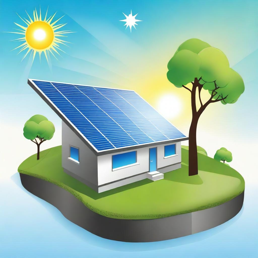 A detailed illustration of solar energy, featuring solar panels absorbing sunlight and converting it into electricity