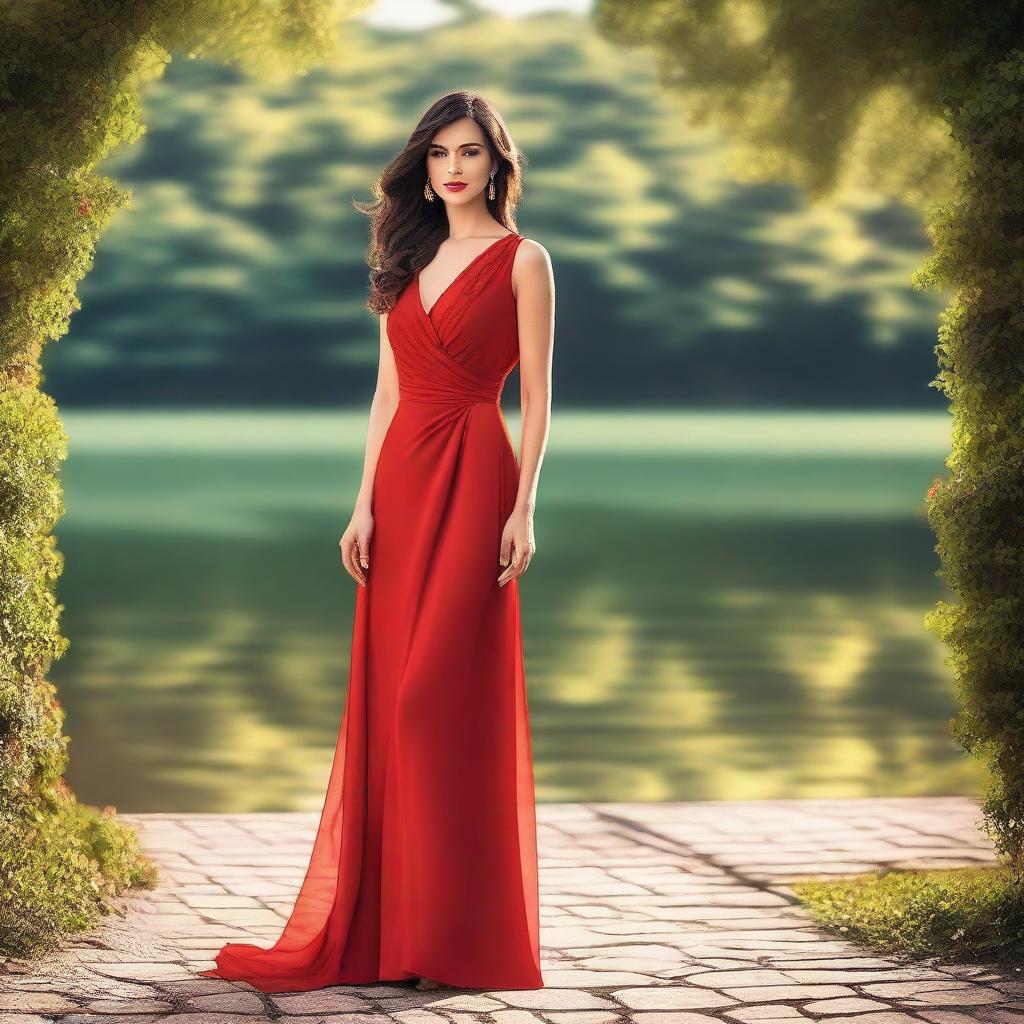 A beautiful woman wearing a stunning red dress, standing gracefully with a confident pose