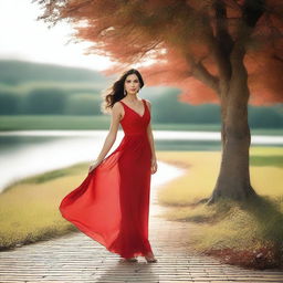 A beautiful woman wearing a stunning red dress, standing gracefully with a confident pose