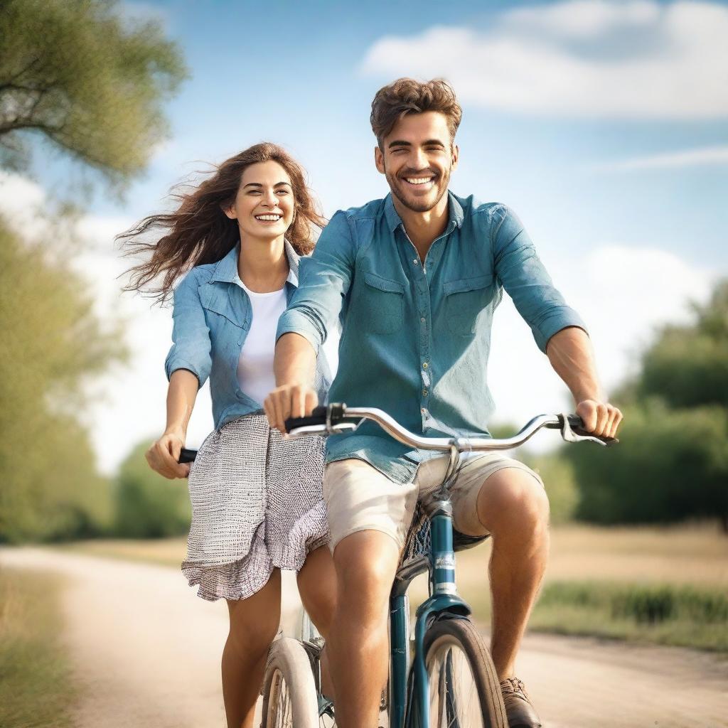 A beautiful and handsome young couple riding together on an old bicycle