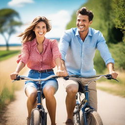 A beautiful and handsome young couple riding together on an old bicycle