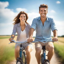 A beautiful and handsome young couple riding together on an old bicycle